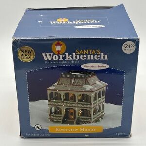 SANTA'S WORKBENCH Porcelain Lighted House RIVERVIEW MANOR Christmas Village